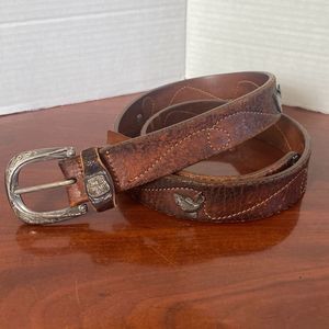 Vintage MH Brown Leather Belt Fishing Silver Tone Conch Buckle Men 34 Made USA